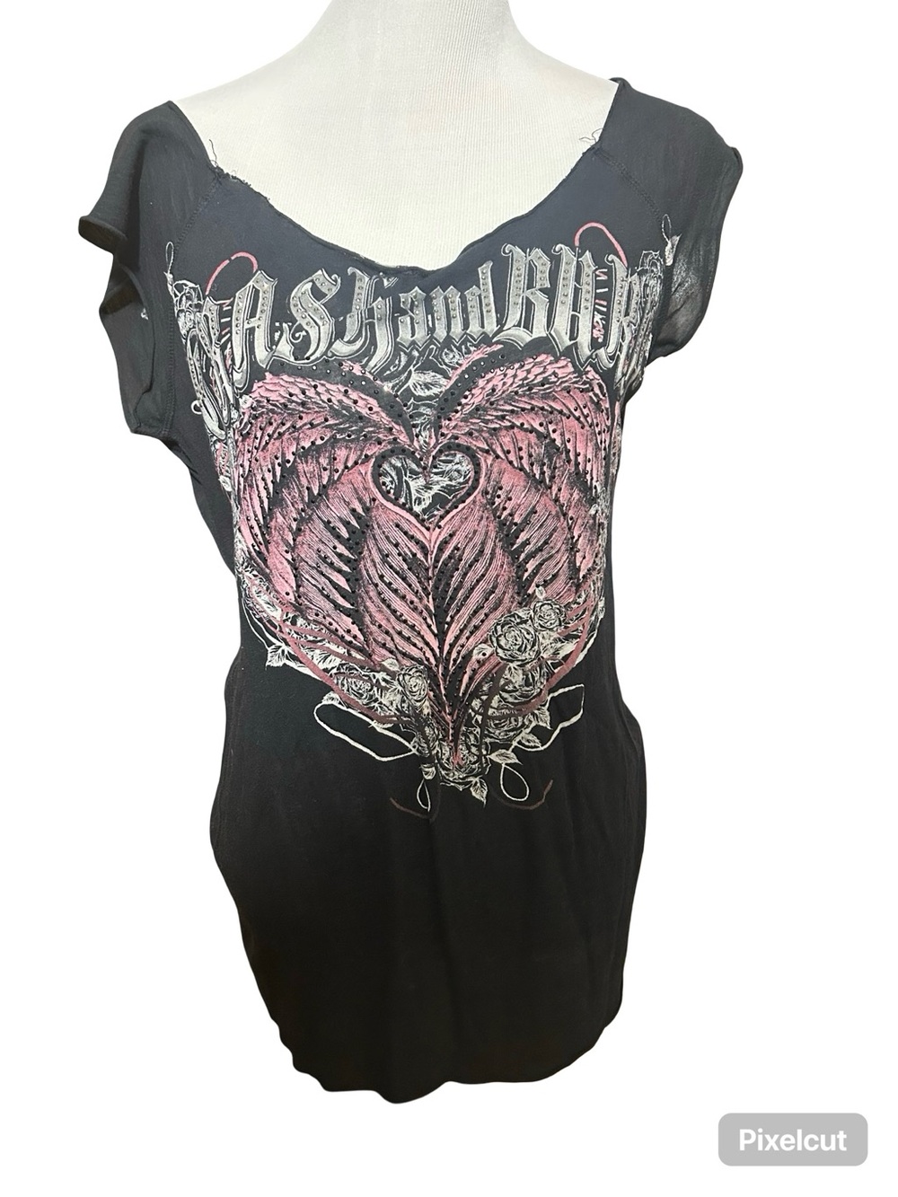 Black Graphic Heart Tee with Pink Accent - Women Tops